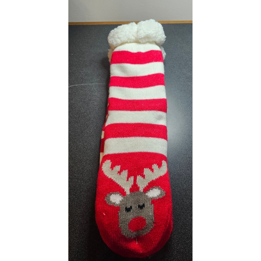 Red White‎ Striped Reindeer Slipper Socks with Faux Shearling Lining Non-Slip